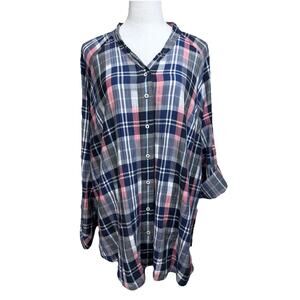 Lane Bryant Long Sleeve Plaid Shirt Tunic Blouse Top Button Up Blue Pink 18/20